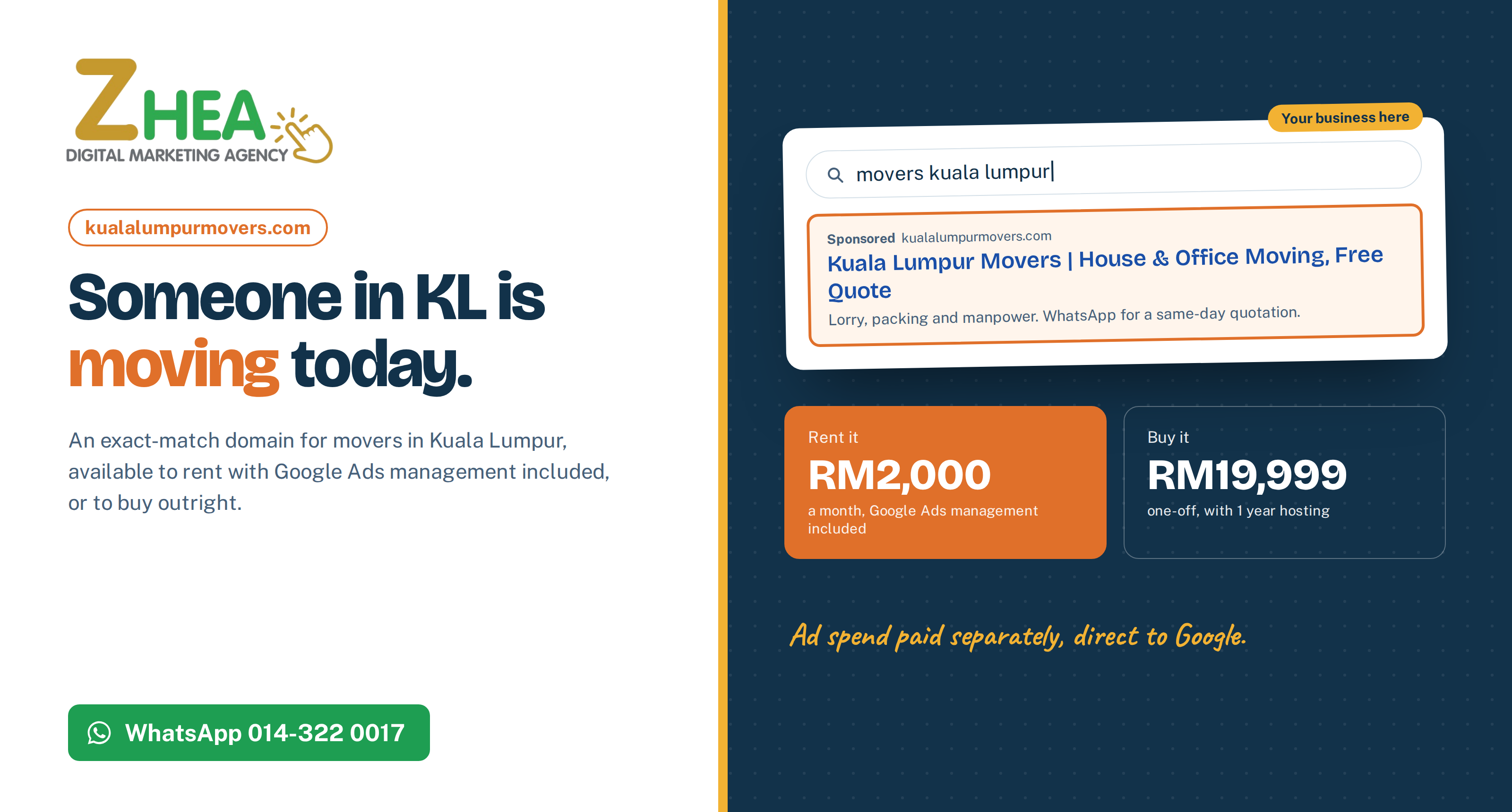 Kuala Lumpur movers website for rent or sale: kualalumpurmovers.com, rent for RM2,000 a month with Google Ads management included, or buy for RM19,999